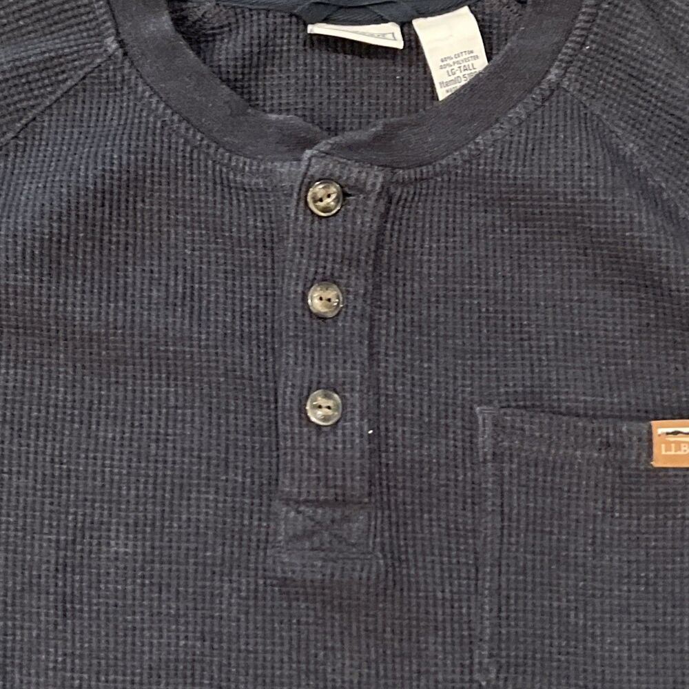 L.L. Bean Shirt Mens LG-Tall Black Waffle Thermal Henley Long Sleeve Pocket Knit - Picture 4 of 14